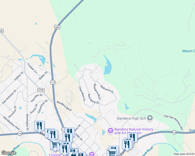 map of restaurants, bars, coffee shops, grocery stores, and more near 162 Nakomis Drive in Bandera