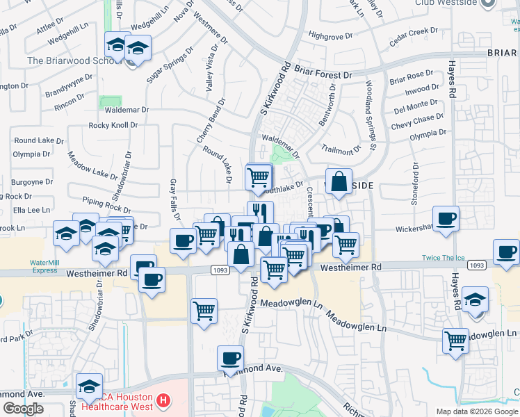 map of restaurants, bars, coffee shops, grocery stores, and more near 2347 S Kirkwood Rd in Houston