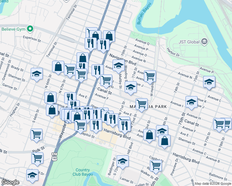 map of restaurants, bars, coffee shops, grocery stores, and more near 7023 Avenue F in Houston