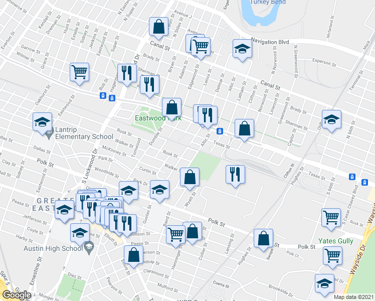 map of restaurants, bars, coffee shops, grocery stores, and more near 5022 Rusk Street in Houston