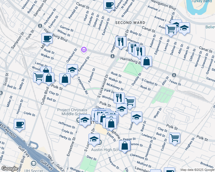 map of restaurants, bars, coffee shops, grocery stores, and more near 4630 Park Drive in Houston