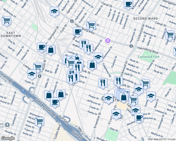 map of restaurants, bars, coffee shops, grocery stores, and more near 1305 Sidney Street in Houston