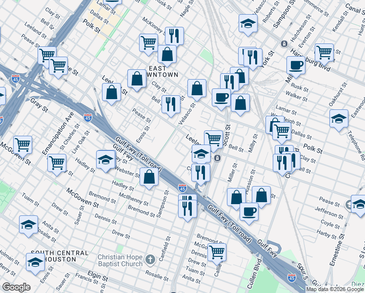 map of restaurants, bars, coffee shops, grocery stores, and more near 1714 Sampson Street in Houston