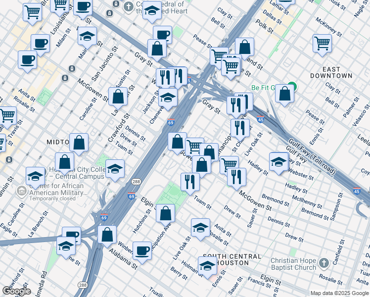 map of restaurants, bars, coffee shops, grocery stores, and more near in Houston