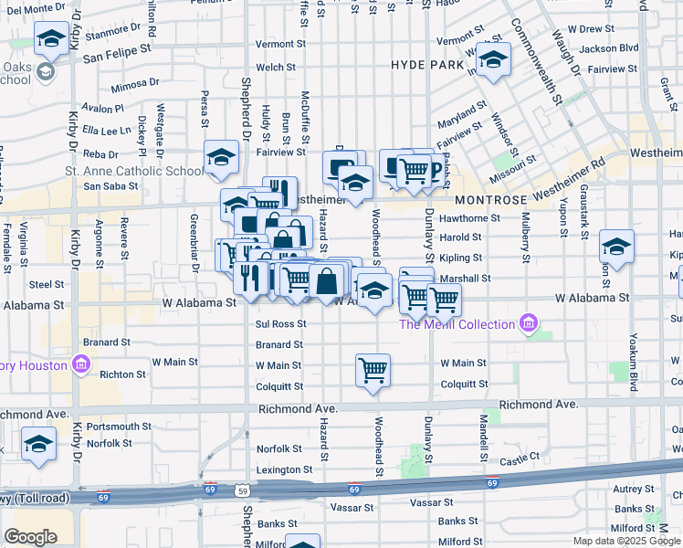 map of restaurants, bars, coffee shops, grocery stores, and more near 1830 West Alabama Street in Houston