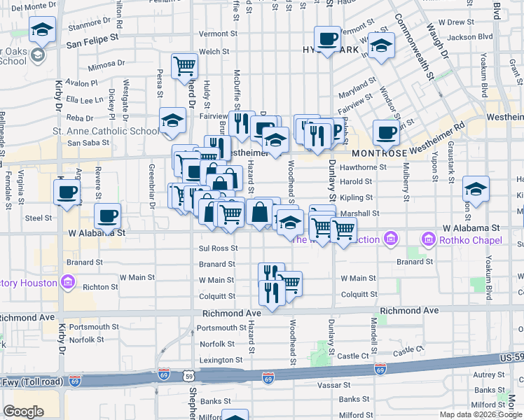 map of restaurants, bars, coffee shops, grocery stores, and more near 1830 West Alabama Street in Houston