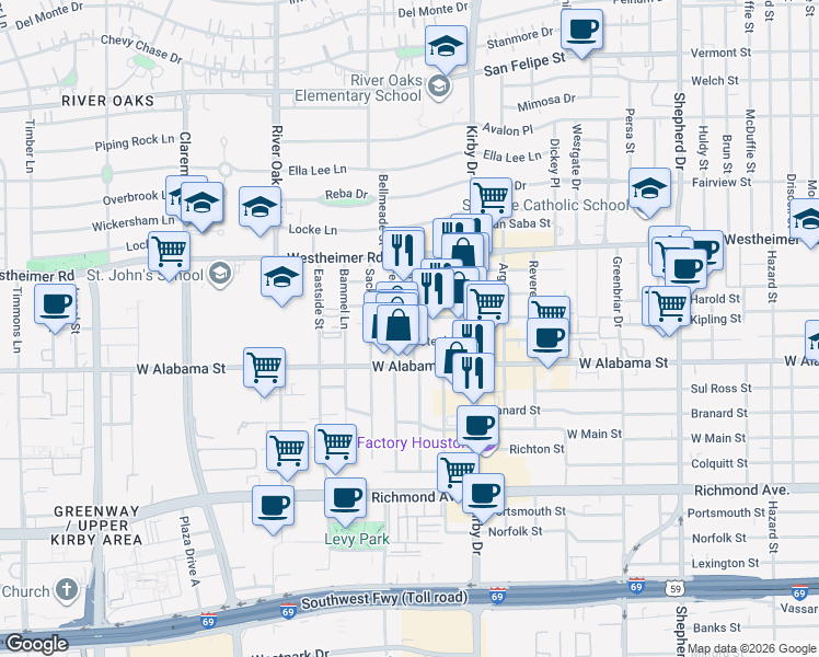 map of restaurants, bars, coffee shops, grocery stores, and more near 2934 Virginia Street in Houston