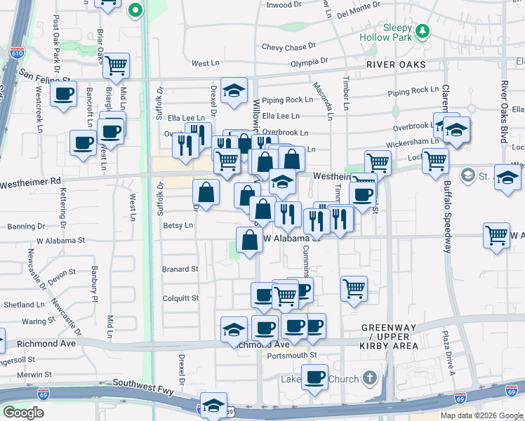 map of restaurants, bars, coffee shops, grocery stores, and more near in Houston