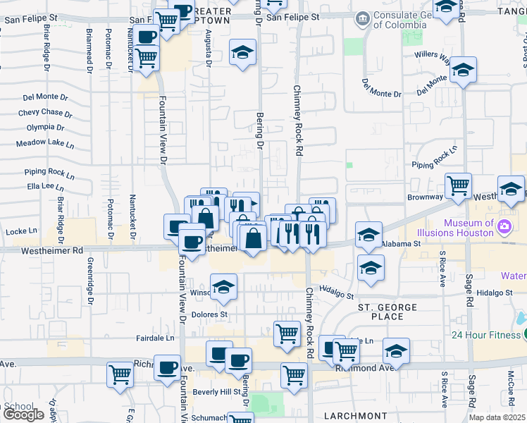 map of restaurants, bars, coffee shops, grocery stores, and more near 5800 Westheimer Road in Houston