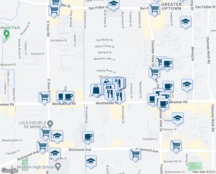 map of restaurants, bars, coffee shops, grocery stores, and more near 2540 Briar Ridge Drive in Houston