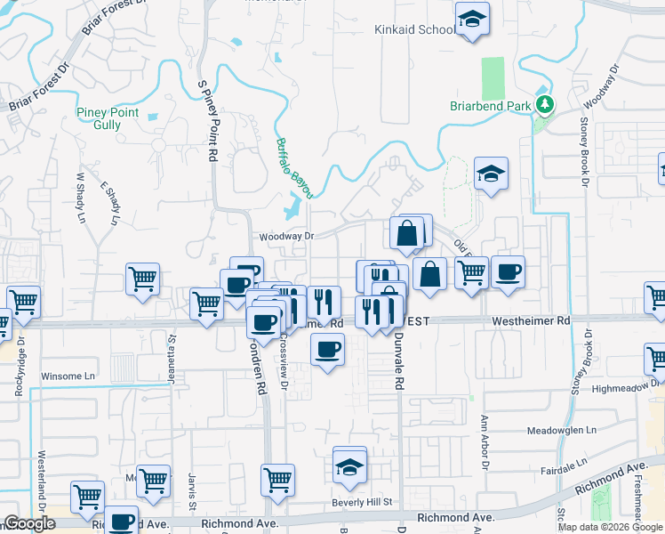 map of restaurants, bars, coffee shops, grocery stores, and more near 2501 Lazy Hollow Drive in Houston