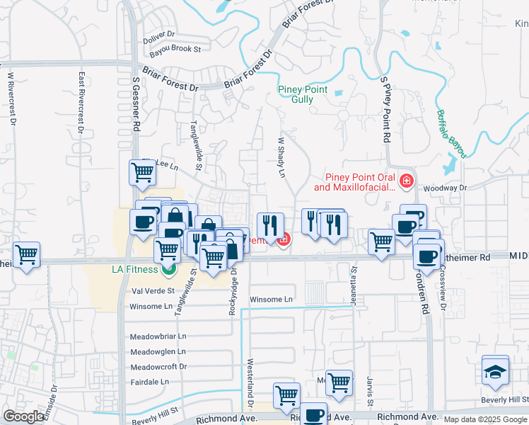 map of restaurants, bars, coffee shops, grocery stores, and more near 3a West Shady Lane in Houston