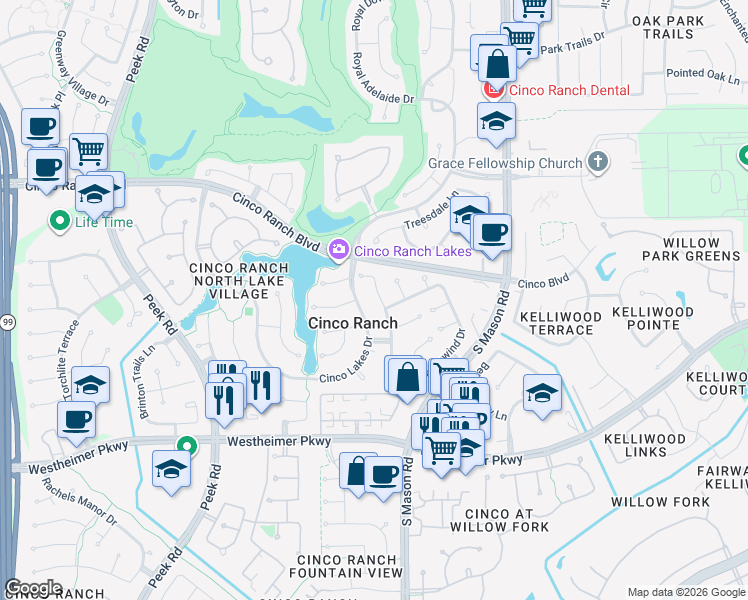 map of restaurants, bars, coffee shops, grocery stores, and more near 3303 Cinco Lakes Drive in Katy