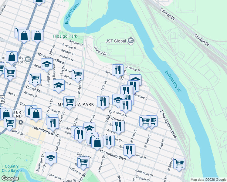 map of restaurants, bars, coffee shops, grocery stores, and more near 7427 Avenue J in Houston