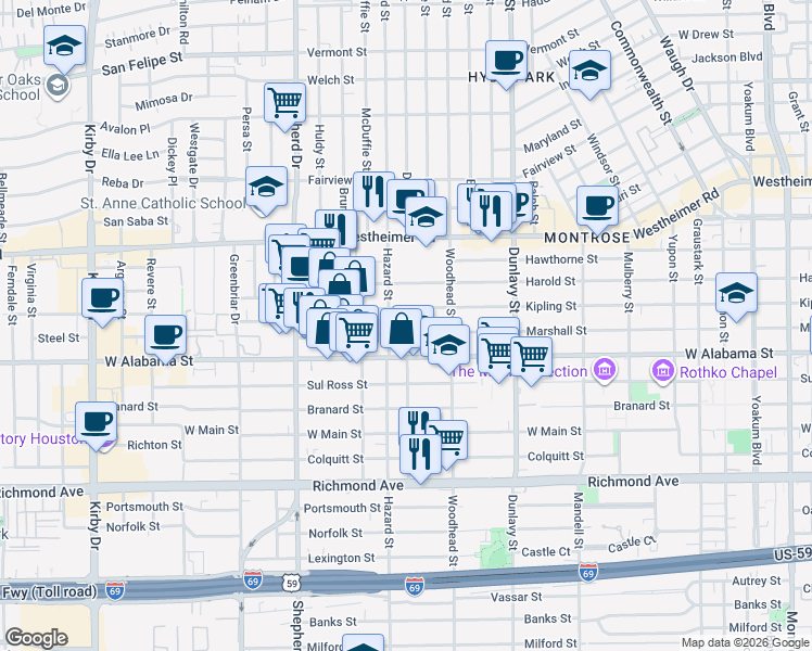 map of restaurants, bars, coffee shops, grocery stores, and more near 1830 West Alabama Street in Houston