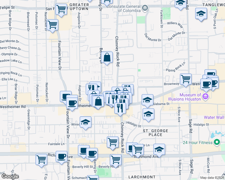 map of restaurants, bars, coffee shops, grocery stores, and more near 5704 Westheimer Road in Houston