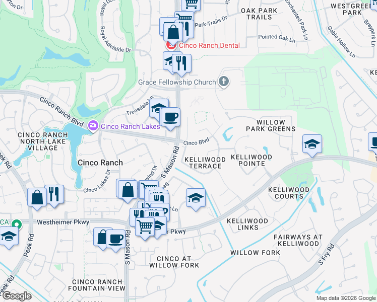 map of restaurants, bars, coffee shops, grocery stores, and more near 3019 Norwood Hills Drive in Katy