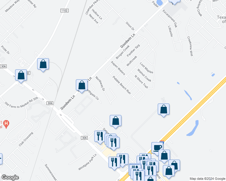 map of restaurants, bars, coffee shops, grocery stores, and more near 546 Gatewood Circle in New Braunfels