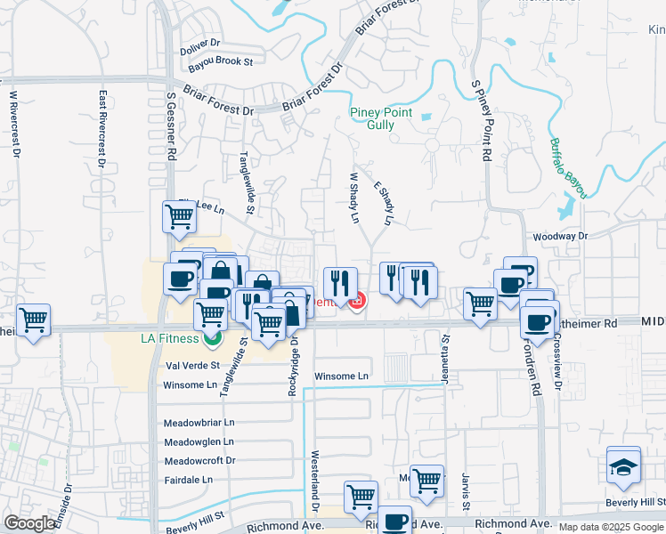 map of restaurants, bars, coffee shops, grocery stores, and more near 3a West Shady Lane in Houston