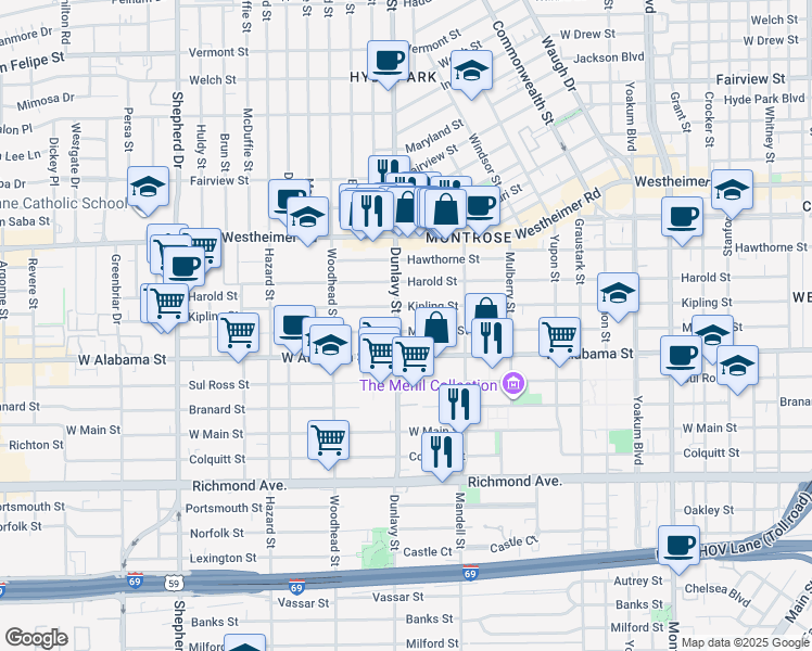 map of restaurants, bars, coffee shops, grocery stores, and more near 1654 Marshall Street in Houston