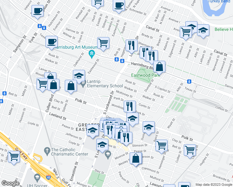map of restaurants, bars, coffee shops, grocery stores, and more near 4618 McKinney Street in Houston