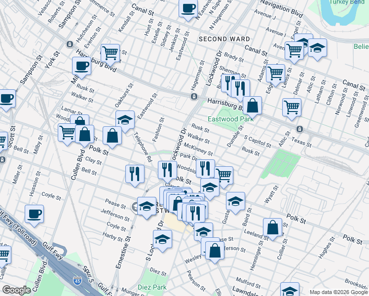 map of restaurants, bars, coffee shops, grocery stores, and more near 4630 Park Drive in Houston