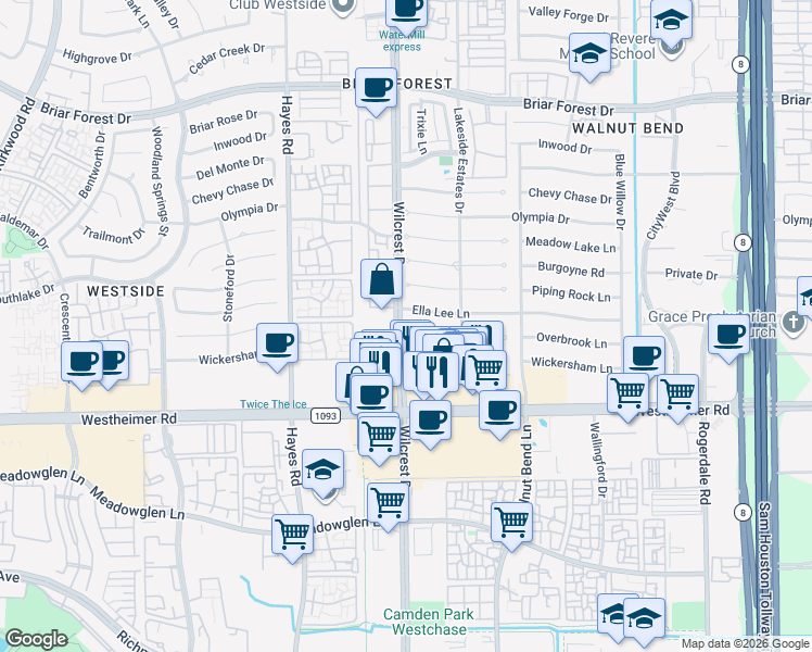 map of restaurants, bars, coffee shops, grocery stores, and more near 11006 Wickersham Lane in Houston