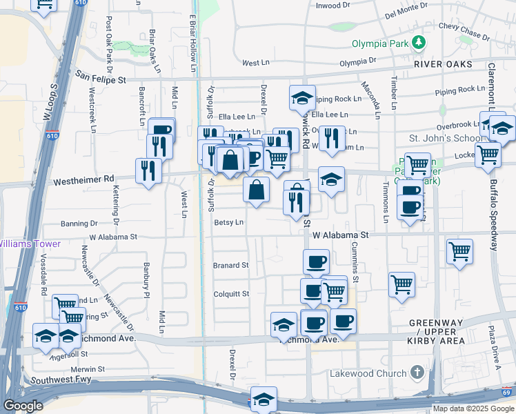 map of restaurants, bars, coffee shops, grocery stores, and more near 6002 Rogerdale Road in Houston