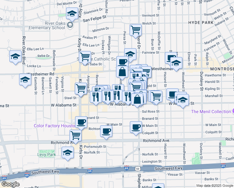 map of restaurants, bars, coffee shops, grocery stores, and more near 2828 Greenbriar Drive in Houston