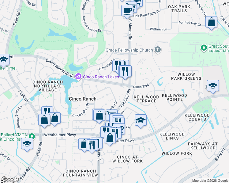 map of restaurants, bars, coffee shops, grocery stores, and more near 22006 Castlewind Court in Katy