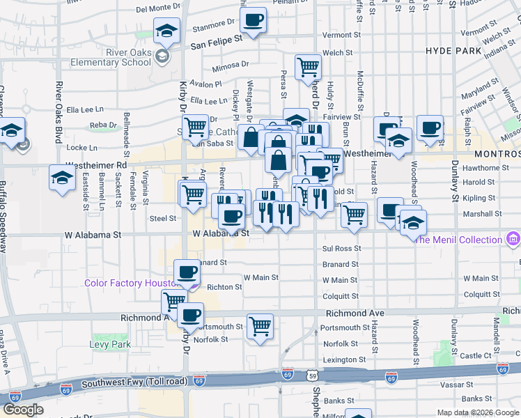 map of restaurants, bars, coffee shops, grocery stores, and more near 2828 Greenbriar Drive in Houston