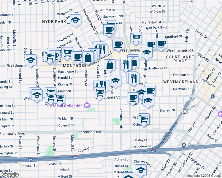 map of restaurants, bars, coffee shops, grocery stores, and more near 3520 Mount Vernon Street in Houston