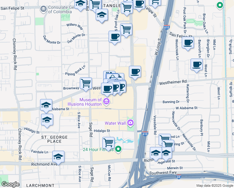 map of restaurants, bars, coffee shops, grocery stores, and more near 5045 Westheimer Road in Houston
