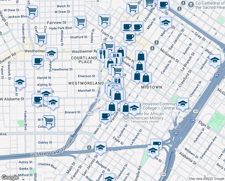 map of restaurants, bars, coffee shops, grocery stores, and more near 3509 Milam Street in Houston