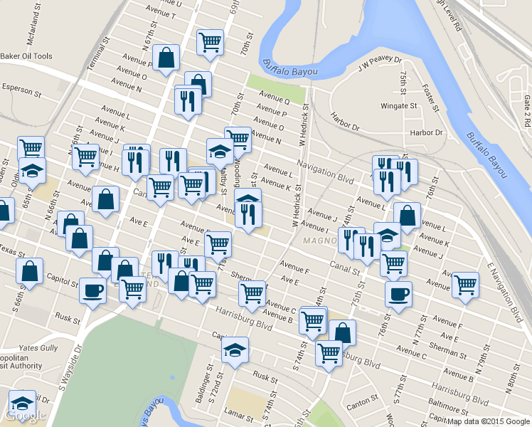 map of restaurants, bars, coffee shops, grocery stores, and more near 7110 Avenue J in Houston