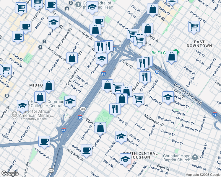 map of restaurants, bars, coffee shops, grocery stores, and more near 2500 Saint Emanuel Street in Houston