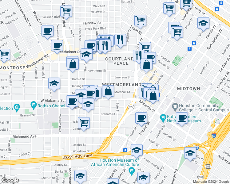 map of restaurants, bars, coffee shops, grocery stores, and more near 208 Westmoreland Street in Houston