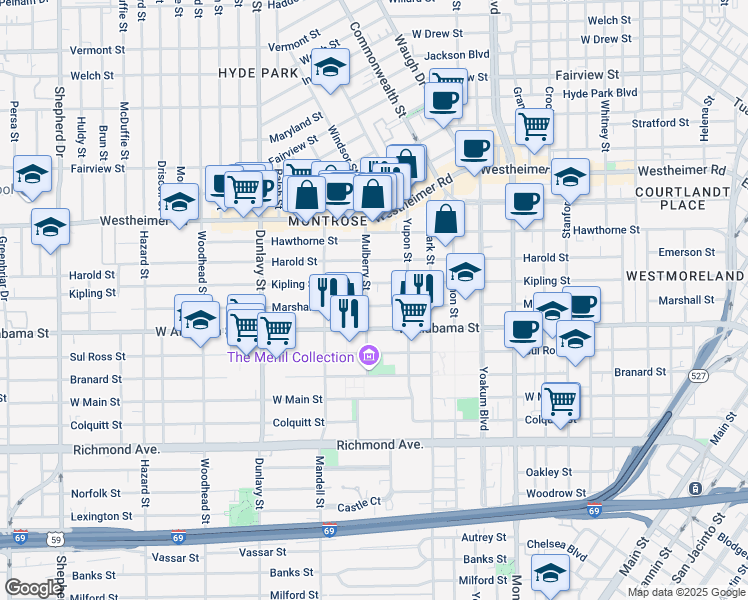 map of restaurants, bars, coffee shops, grocery stores, and more near 1422 Kipling Street in Houston