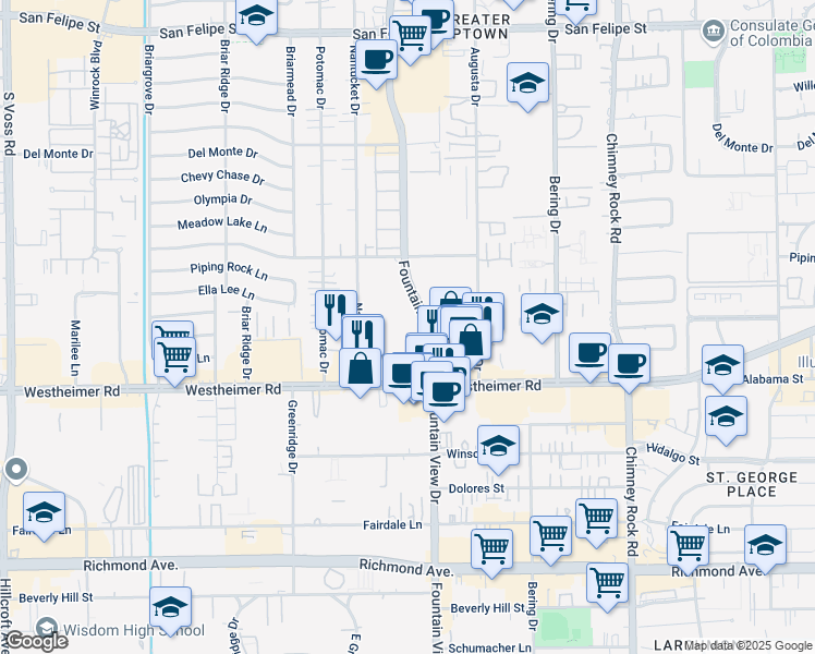 map of restaurants, bars, coffee shops, grocery stores, and more near 2630 Fountain View Drive in Houston