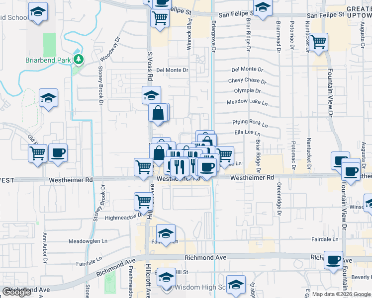 map of restaurants, bars, coffee shops, grocery stores, and more near 6339 Ella Lee Lane in Houston