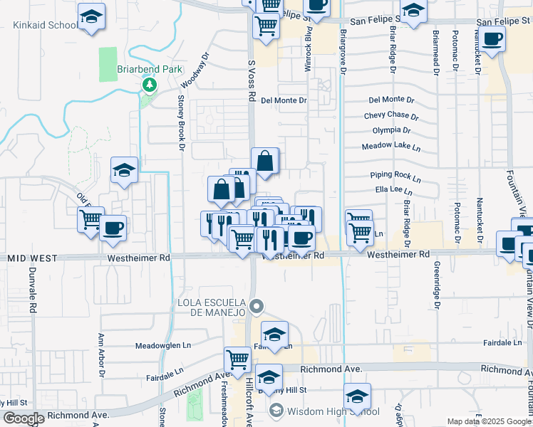 map of restaurants, bars, coffee shops, grocery stores, and more near 2505 South Voss Road in Houston