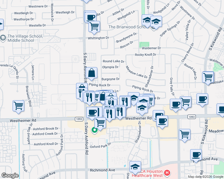 map of restaurants, bars, coffee shops, grocery stores, and more near 12514 Piping Rock Drive in Houston