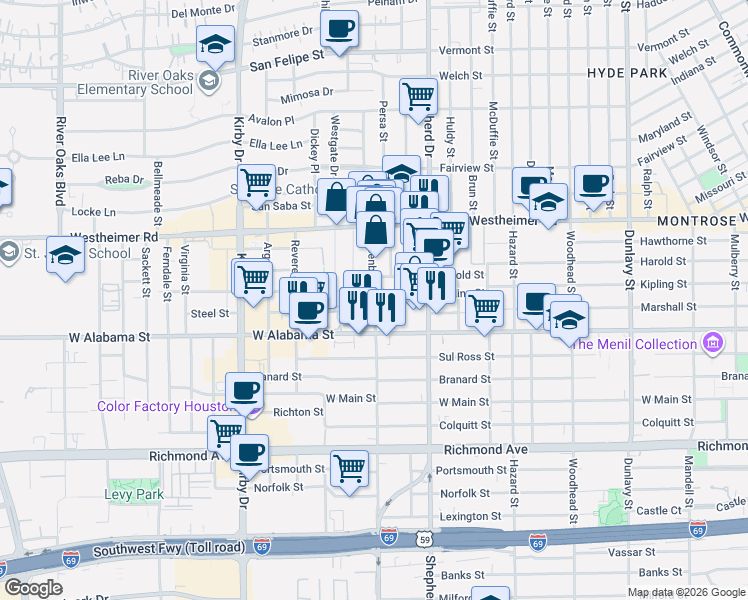map of restaurants, bars, coffee shops, grocery stores, and more near 2805 Newman Street in Houston