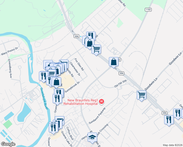 map of restaurants, bars, coffee shops, grocery stores, and more near 1223 Old Farm to Market Road 306 in New Braunfels
