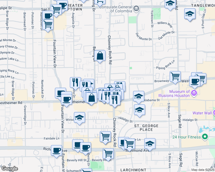 map of restaurants, bars, coffee shops, grocery stores, and more near 2420 Chimney Rock Road in Houston