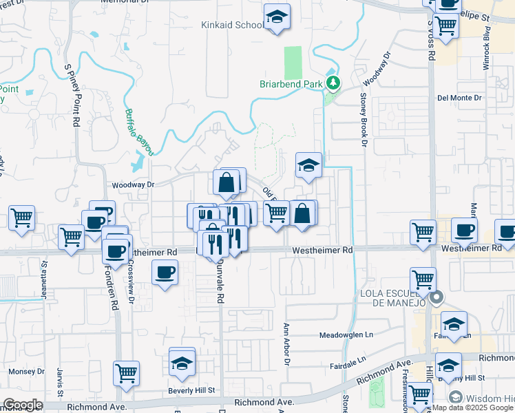 map of restaurants, bars, coffee shops, grocery stores, and more near 912 Woodway Drive in Houston