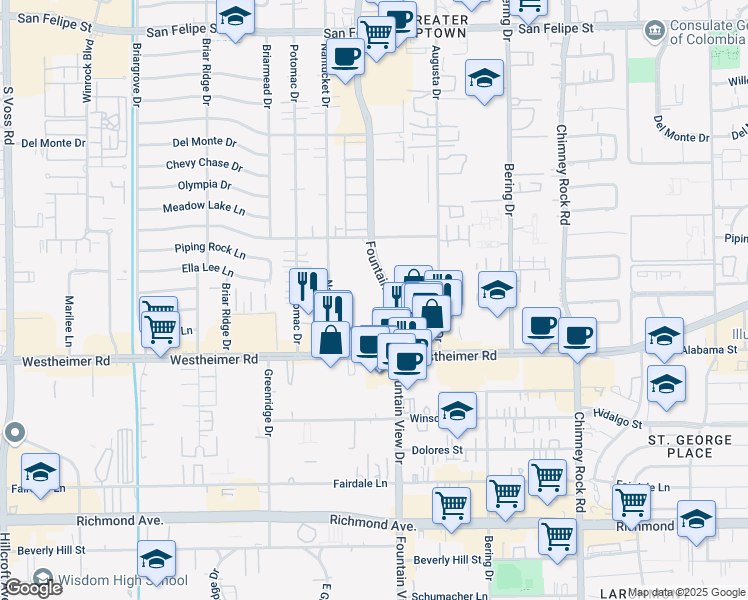 map of restaurants, bars, coffee shops, grocery stores, and more near 2640 Fountain View Drive in Houston