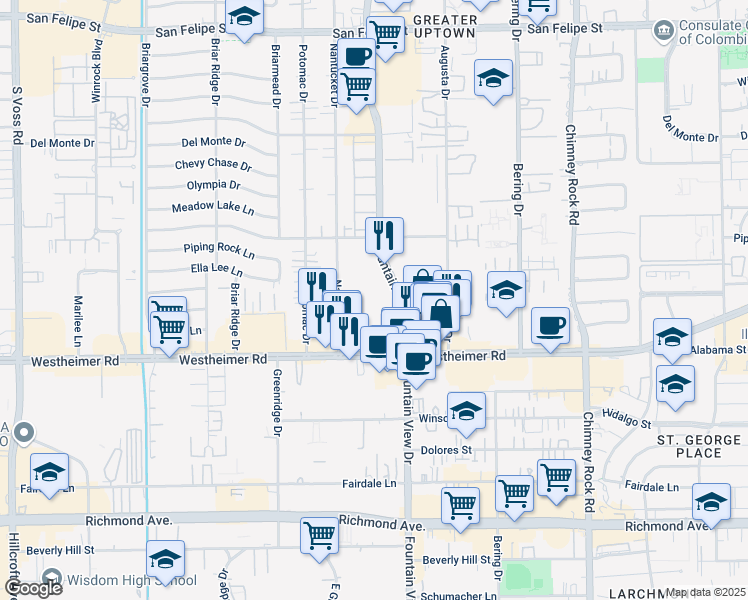 map of restaurants, bars, coffee shops, grocery stores, and more near 2640 Fountain View Drive in Houston