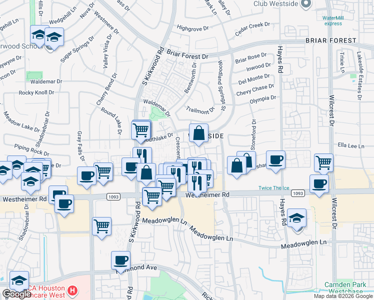 map of restaurants, bars, coffee shops, grocery stores, and more near 11635 Village Place Drive in Houston