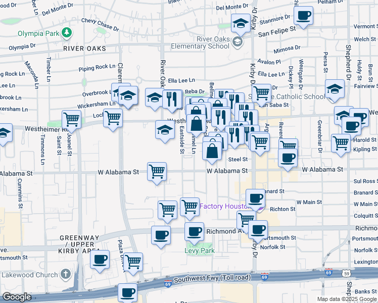 map of restaurants, bars, coffee shops, grocery stores, and more near 2828 Bammel Lane in Houston